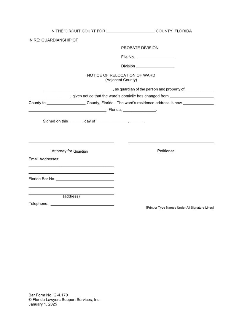 Notice Of Relocation Of Ward (Adjacent County) {G-4.170} | Pdf Fpdf Docx | FLSSI Guardianship