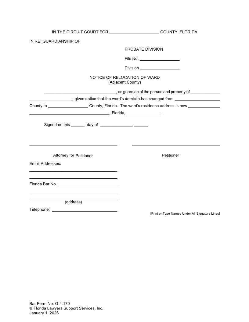 Notice Of Relocation Of Ward (Adjacent County) {G-4.170} | Pdf Fpdf Docx | FLSSI Guardianship