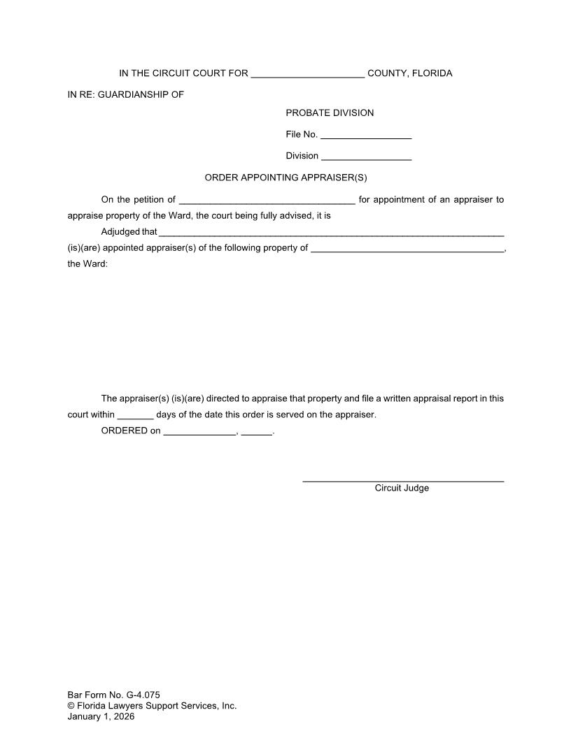 Order Appointing Appraiser(s) {G-4.075} | Pdf Fpdf Doc Docx | FLSSI Guardianship