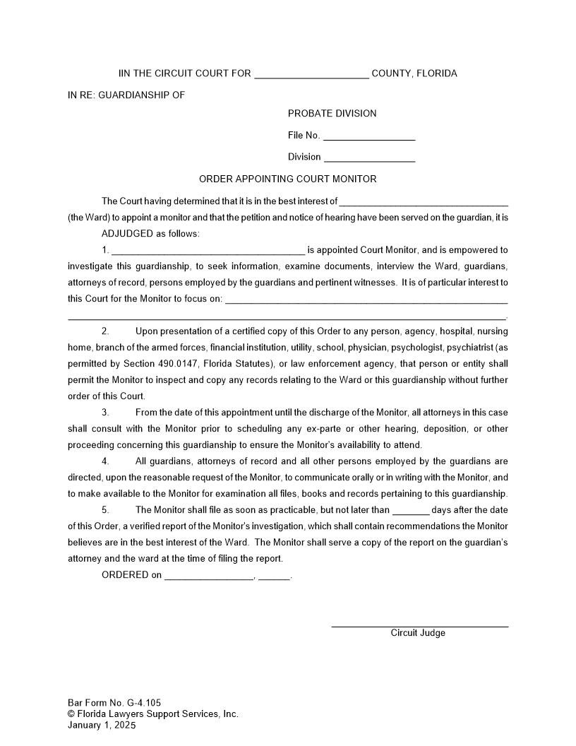 Order Appointing Court Monitor {G-4.105} | Pdf Fpdf Doc Docx | FLSSI Guardianship