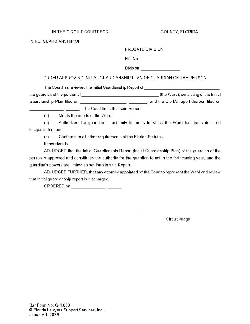 Order Approving Intitial Guardianship Plan Of Guardian Of The Person {G-4.030} | Pdf Fpdf Doc Docx | FLSSI Guardianship