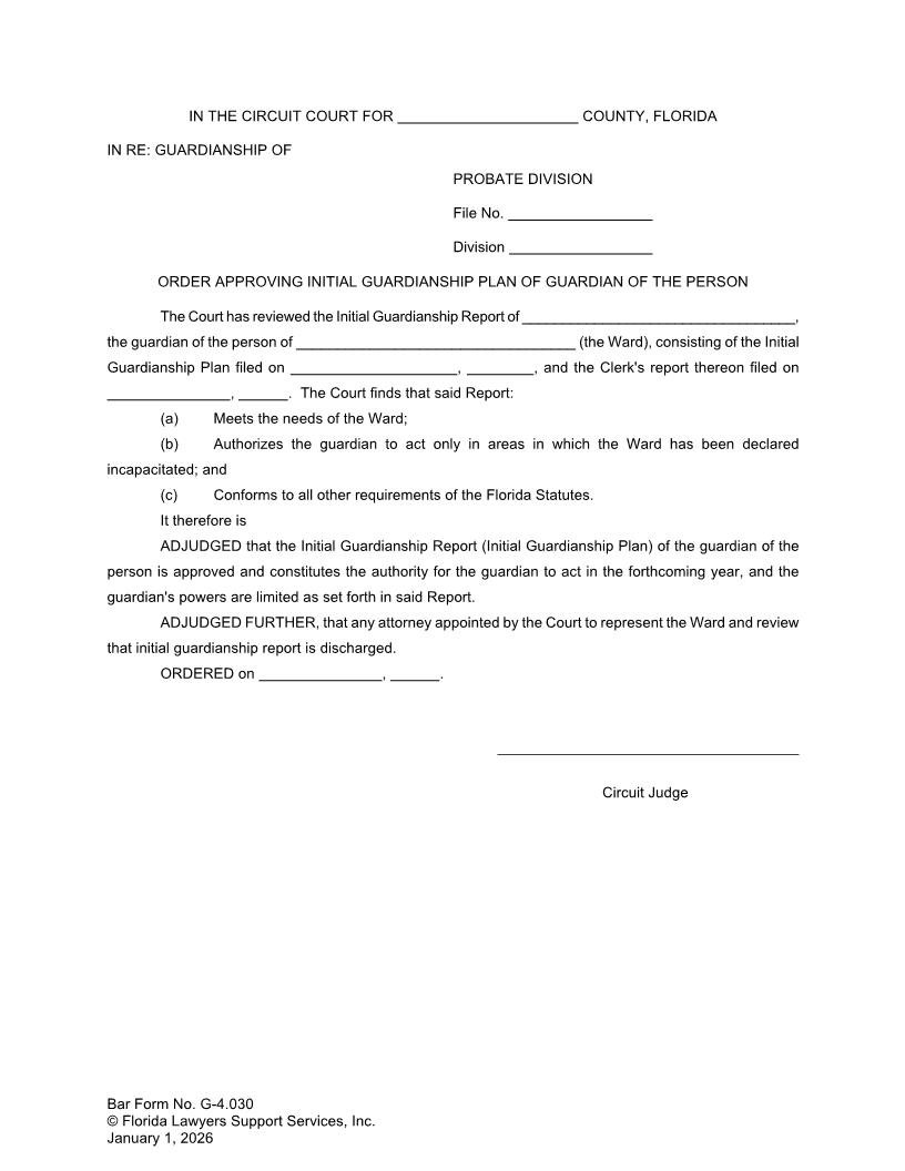Order Approving Intitial Guardianship Plan Of Guardian Of The Person {G-4.030} | Pdf Fpdf Doc Docx | FLSSI Guardianship