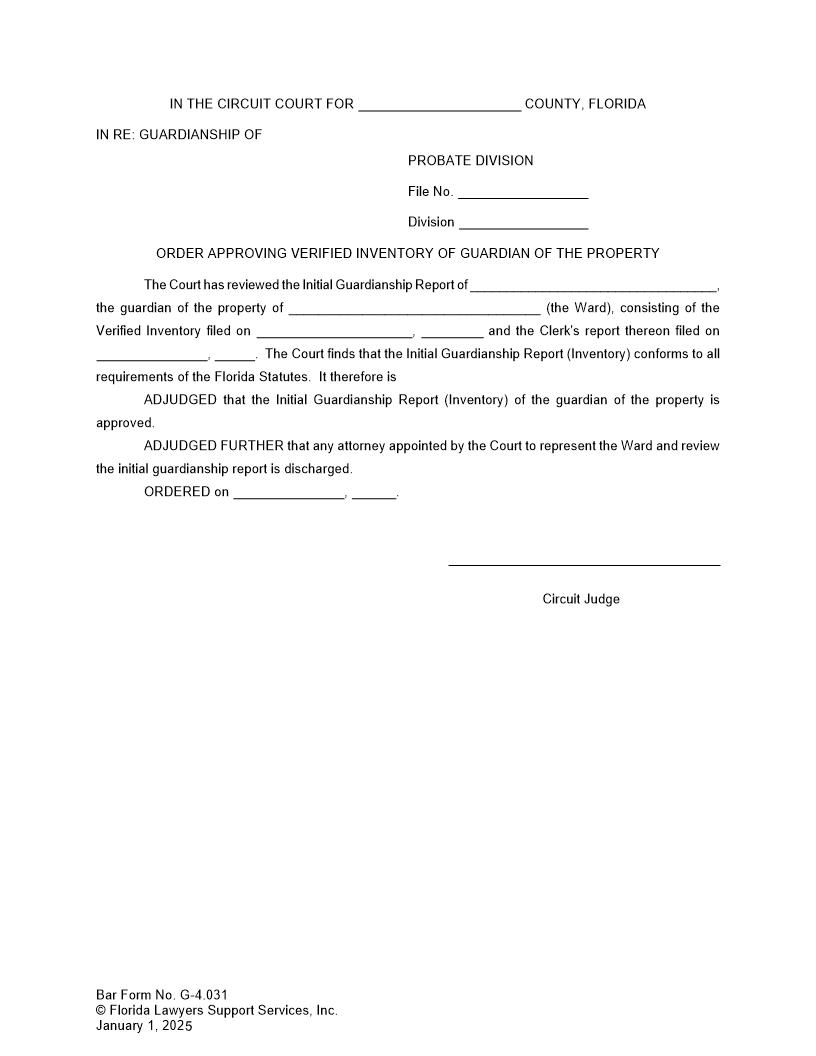 Order Approving Verified Inventory Of Guardian Of The Property {G-4.031} | Pdf Fpdf Doc Docx | FLSSI Guardianship