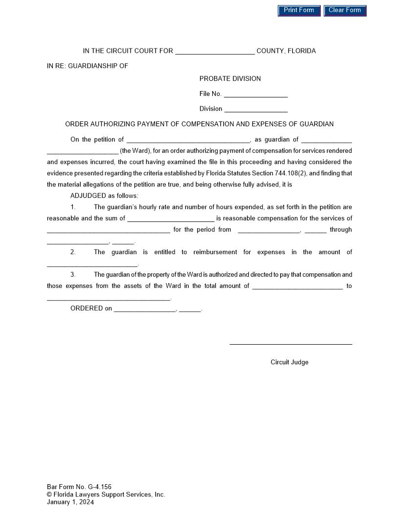 Order Authorizing Payment Of Compensation And Expenses Of Guardian {G-4.156} | Pdf Fpdf Doc Docx | FLSSI Guardianship