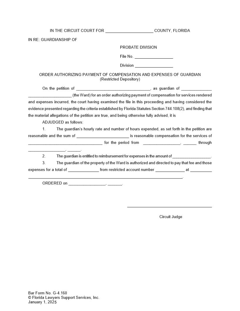 Order Authorizing Payment Of Compensation Expenses (Restricted Depository) {G-4.160} | Pdf Fpdf Doc Docx | FLSSI Guardianship