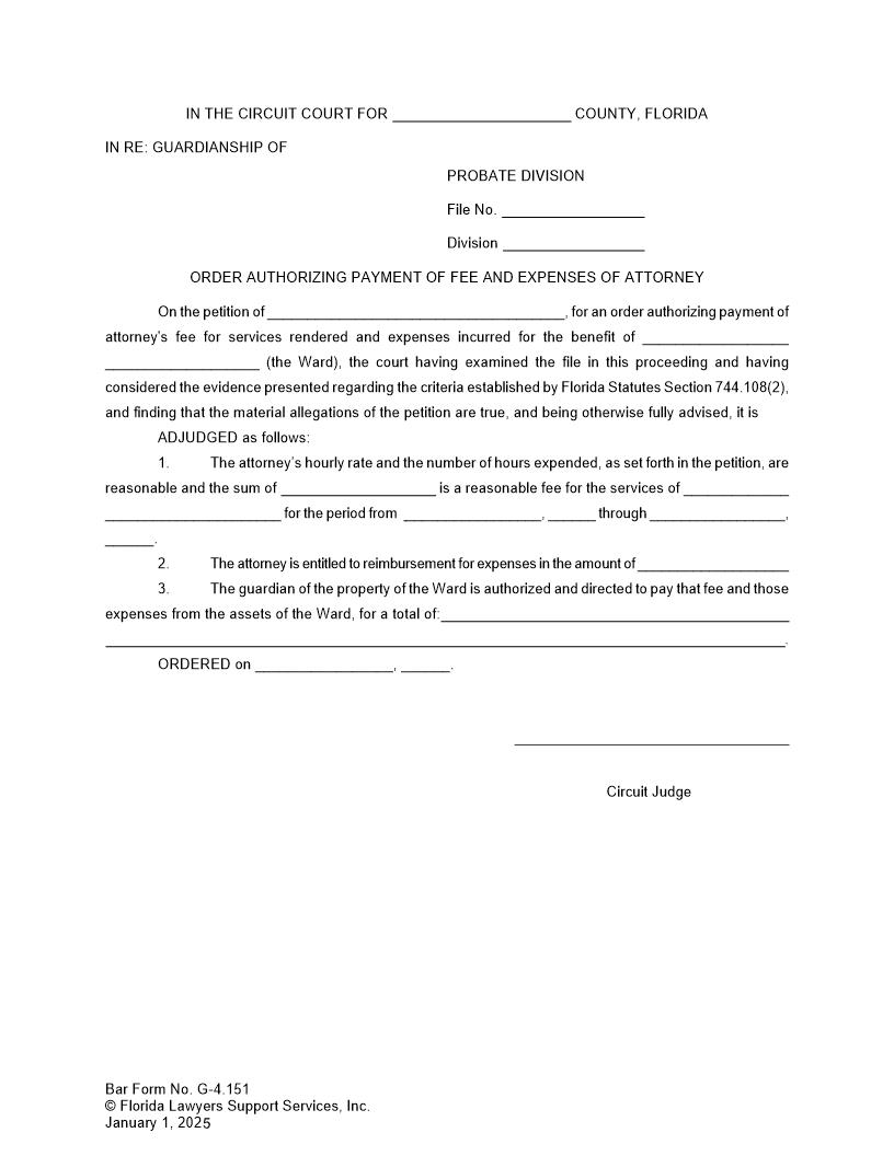 Order Authorizing Payment Of Fee And Expenses Of Attorney {G-4.151} | Pdf Fpdf Doc Docx | FLSSI Guardianship