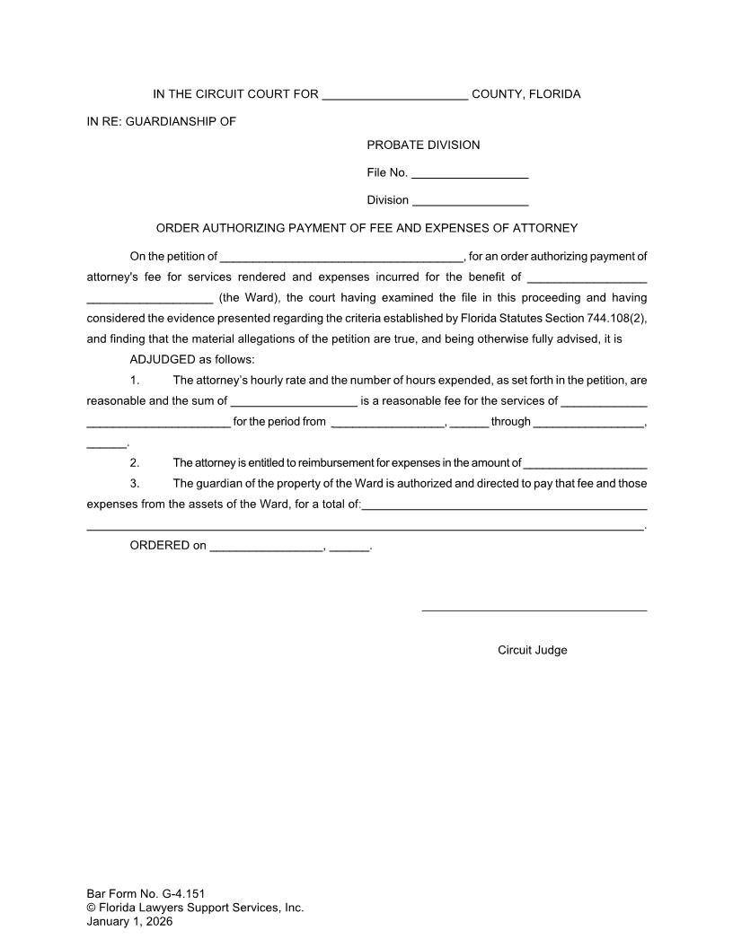 Order Authorizing Payment Of Fee And Expenses Of Attorney {G-4.151} | Pdf Fpdf Doc Docx | FLSSI Guardianship