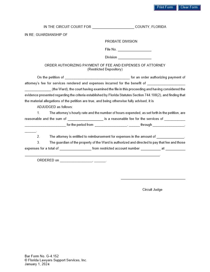 Order Authorizing Payment Of Fee And Expenses Of Attorney (Restricted Depository) {G-4.152} | Pdf Fpdf Doc Docx | FLSSI Guardianship