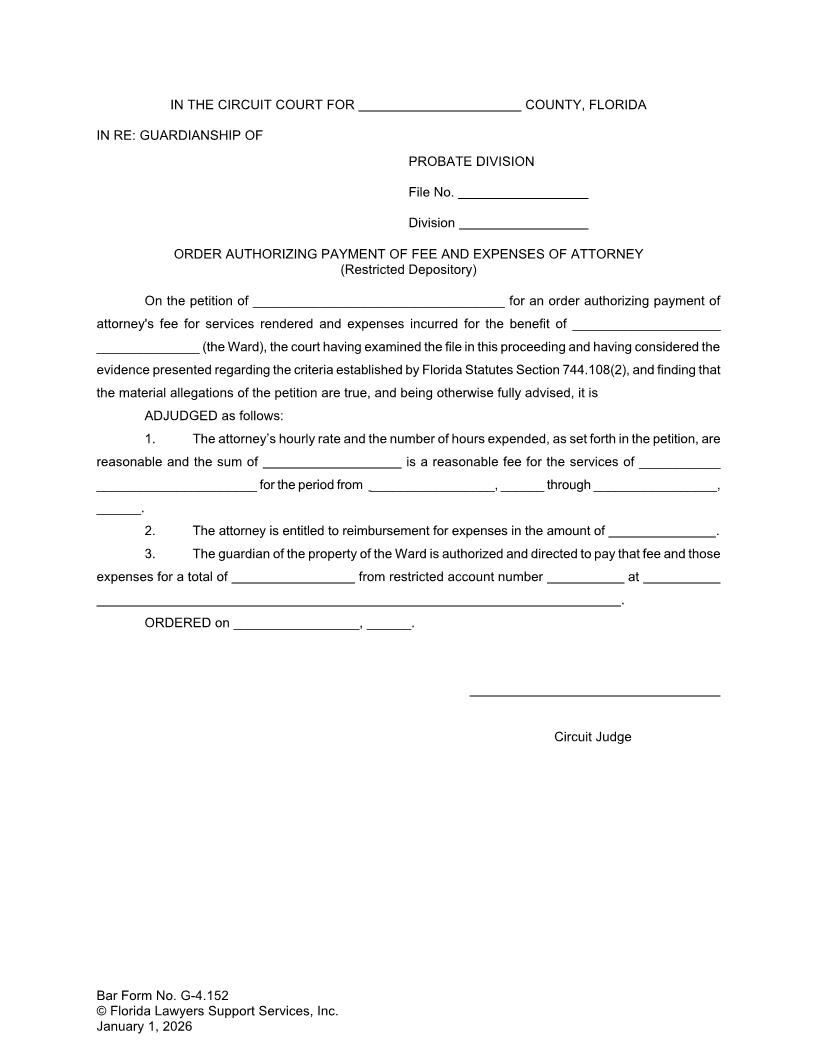 Order Authorizing Payment Of Fee And Expenses Of Attorney (Restricted Depository) {G-4.152} | Pdf Fpdf Doc Docx | FLSSI Guardianship