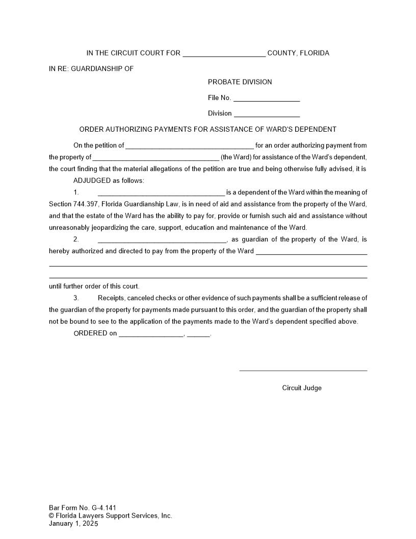 Order Authorizing Payments For Assistance Of Wards Dependent {G-4.141} | Pdf Fpdf Doc Docx | FLSSI Guardianship
