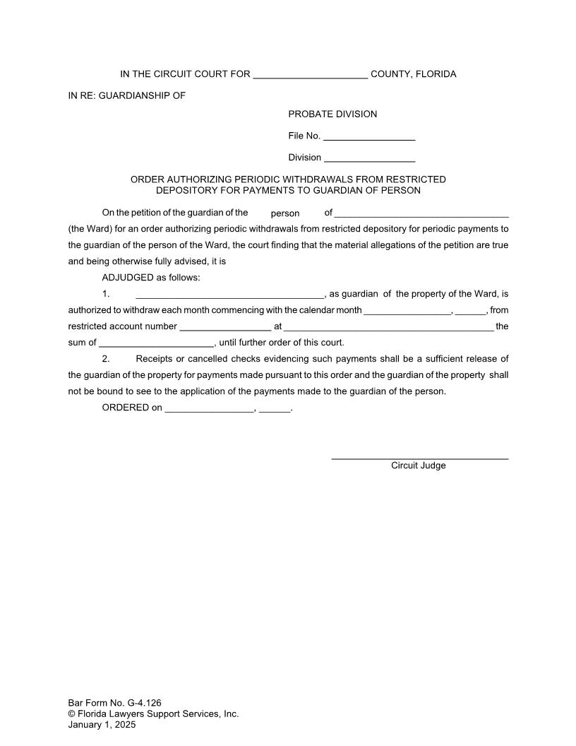 Order Authorizing Periodic Withdrawals From Restricted Depository For Payments {G-4.126} | Pdf Fpdf Doc Docx | FLSSI Guardianship