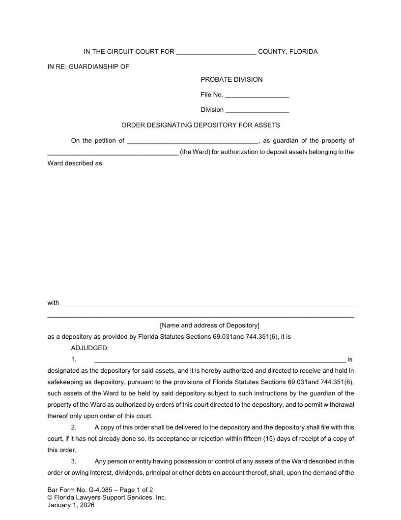 Order Designating Depository For Assets {G-4.085} | Pdf Fpdf Doc Docx | FLSSI Guardianship