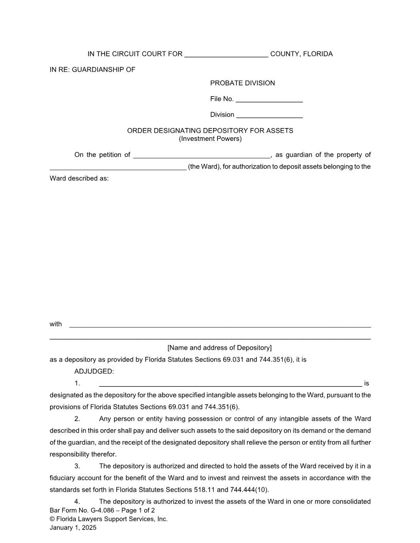 Order Designating Depository For Assets (Investment Powers) {G-4.086} | Pdf Fpdf Doc Docx | FLSSI Guardianship