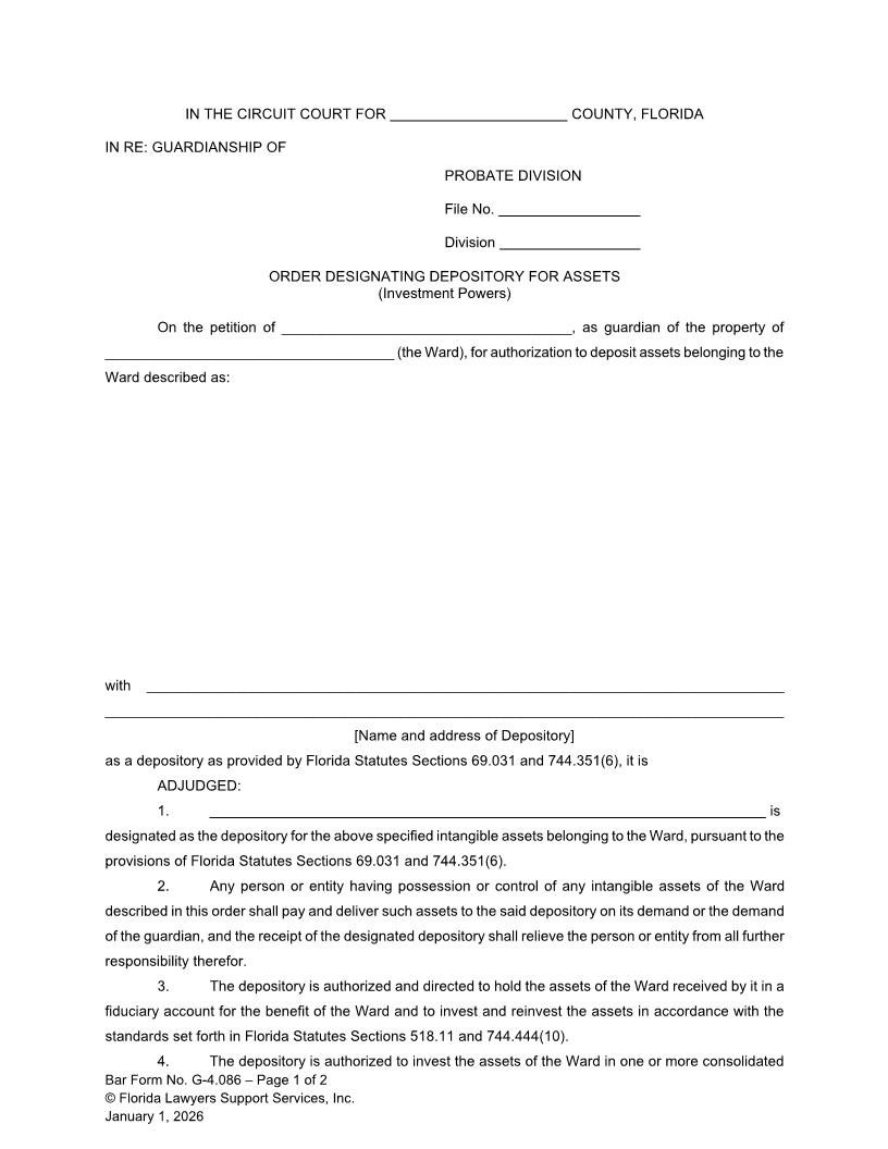 Order Designating Depository For Assets (Investment Powers) {G-4.086} | Pdf Fpdf Doc Docx | FLSSI Guardianship