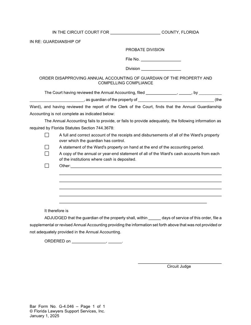 Order Disapproving Annual Guardianship Accounting Guardian Of Property Compelling Compliance {G-4.046} | Pdf Fpdf Doc Docx | FLSSI Guardianship