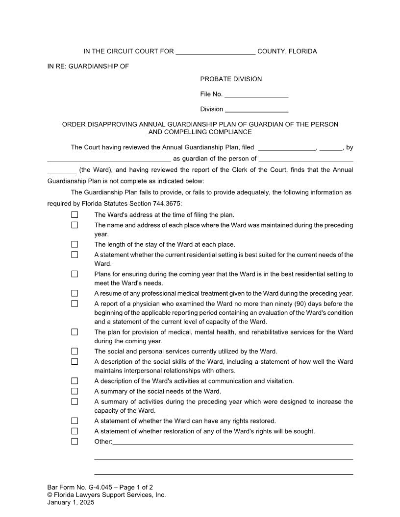 Order Disapproving Annual Guardianship Plan Of Guardian Of Person And Compelling Compliance {G-4.045} | Pdf Fpdf Doc Docx | FLSSI Guardianship