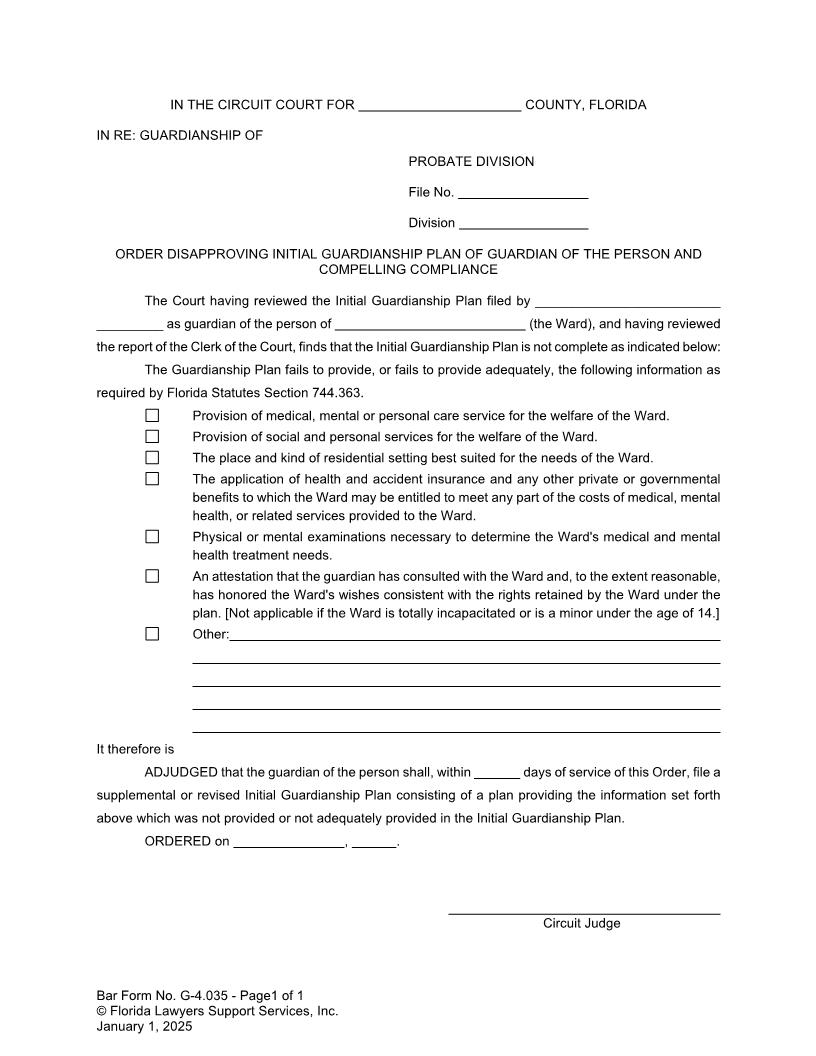 Order Disapproving Initial Plan Of Guardian Of Person Compelling Compliance {G-4.035} | Pdf Fpdf Docx | FLSSI Guardianship