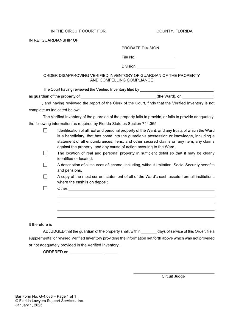Order Disapproving Verified Inventory Of Guardian Of Property And Compelling Compliance {G-4.036} | Pdf Fpdf Doc Docx | FLSSI Guardianship