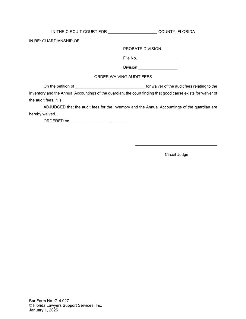 Order Waiving Audit Fees {G-4.027} | Pdf Fpdf Doc Docx | FLSSI Guardianship