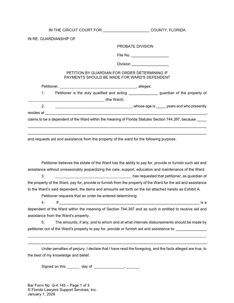 Petition By Guardian For Order Whether Payments Made For Wards Dependent {G-4.145} | Pdf Fpdf Doc Docx | FLSSI Guardianship