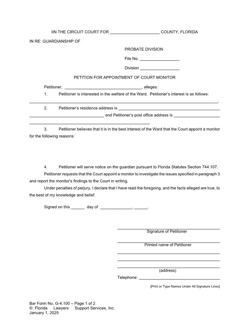 Petition For Appointment Of Court Monitor {G-4.100} | Pdf Fpdf Doc Docx | FLSSI Guardianship