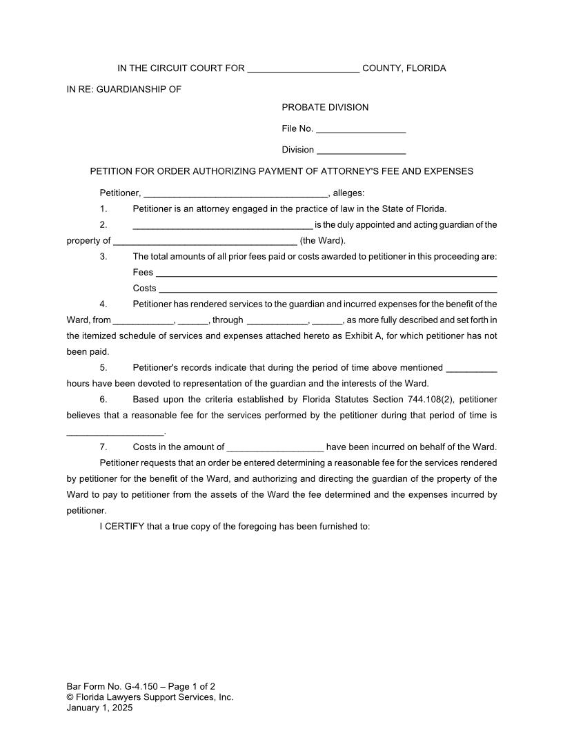 Petition For Order Authorizing Payment Of Attorneys Fee And Expenses {G-4.150} | Pdf Fpdf Doc Docx | FLSSI Guardianship