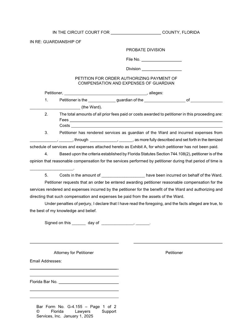 Petition For Order Authorizing Payment Of Compensation And Expenses Of Guardian {G-4.155} | Pdf Fpdf Doc Docx | FLSSI Guardianship