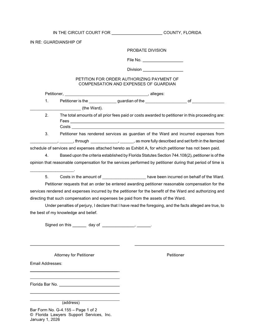 Petition For Order Authorizing Payment Of Compensation And Expenses Of Guardian {G-4.155} | Pdf Fpdf Doc Docx | FLSSI Guardianship