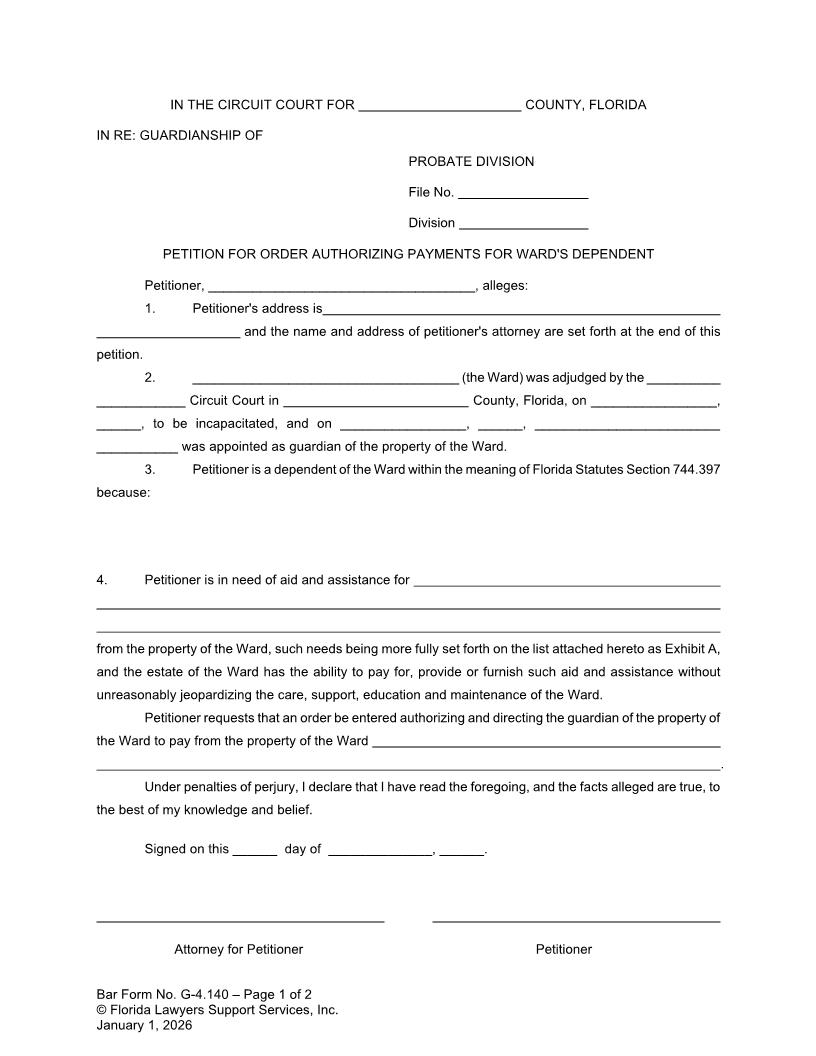 Petition For Order Authorizing Payments For Wards Dependent {G-4.140} | Pdf Fpdf Doc Docx | FLSSI Guardianship