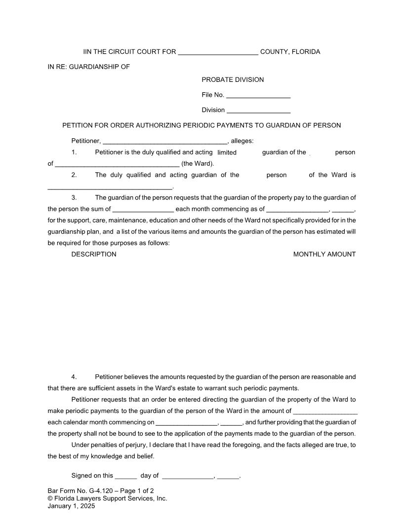 Petition For Order Authorizing Periodic Payments To Guardian Of Person {G-4.120} | Pdf Fpdf Doc Docx | FLSSI Guardianship