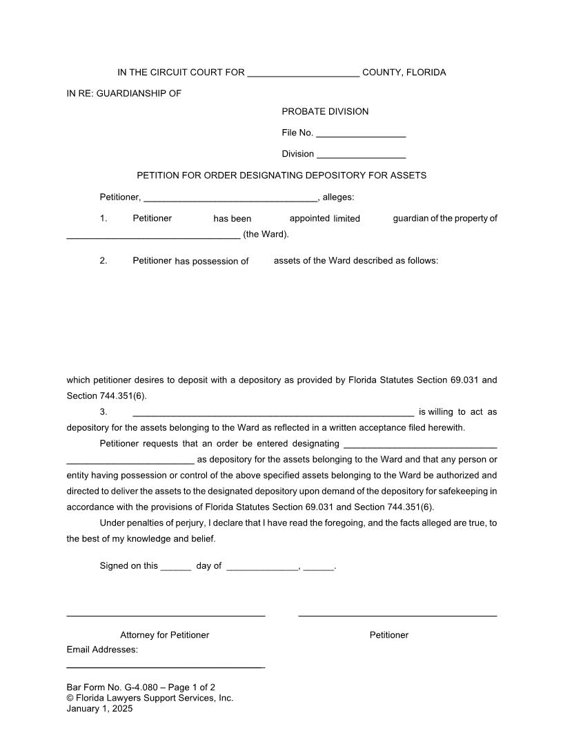 Petition For Order Designating Depository For Assets {G-4.080} | Pdf Fpdf Doc Docx | FLSSI Guardianship