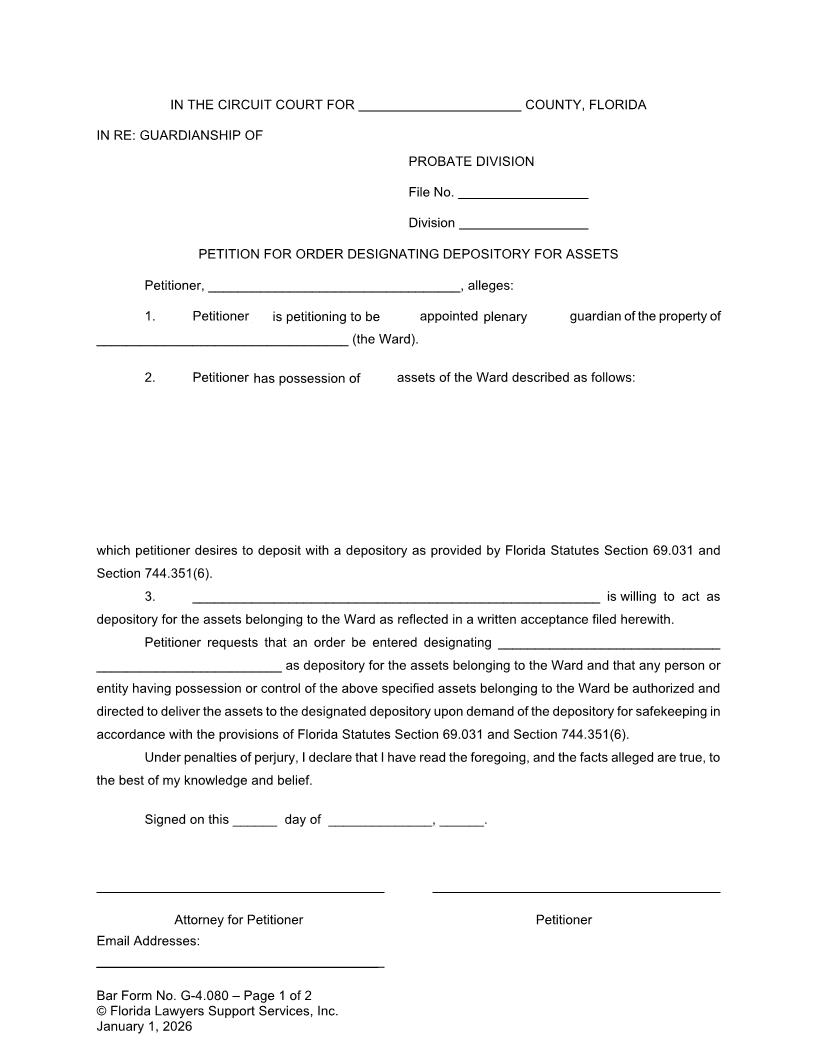 Petition For Order Designating Depository For Assets {G-4.080} | Pdf Fpdf Doc Docx | FLSSI Guardianship