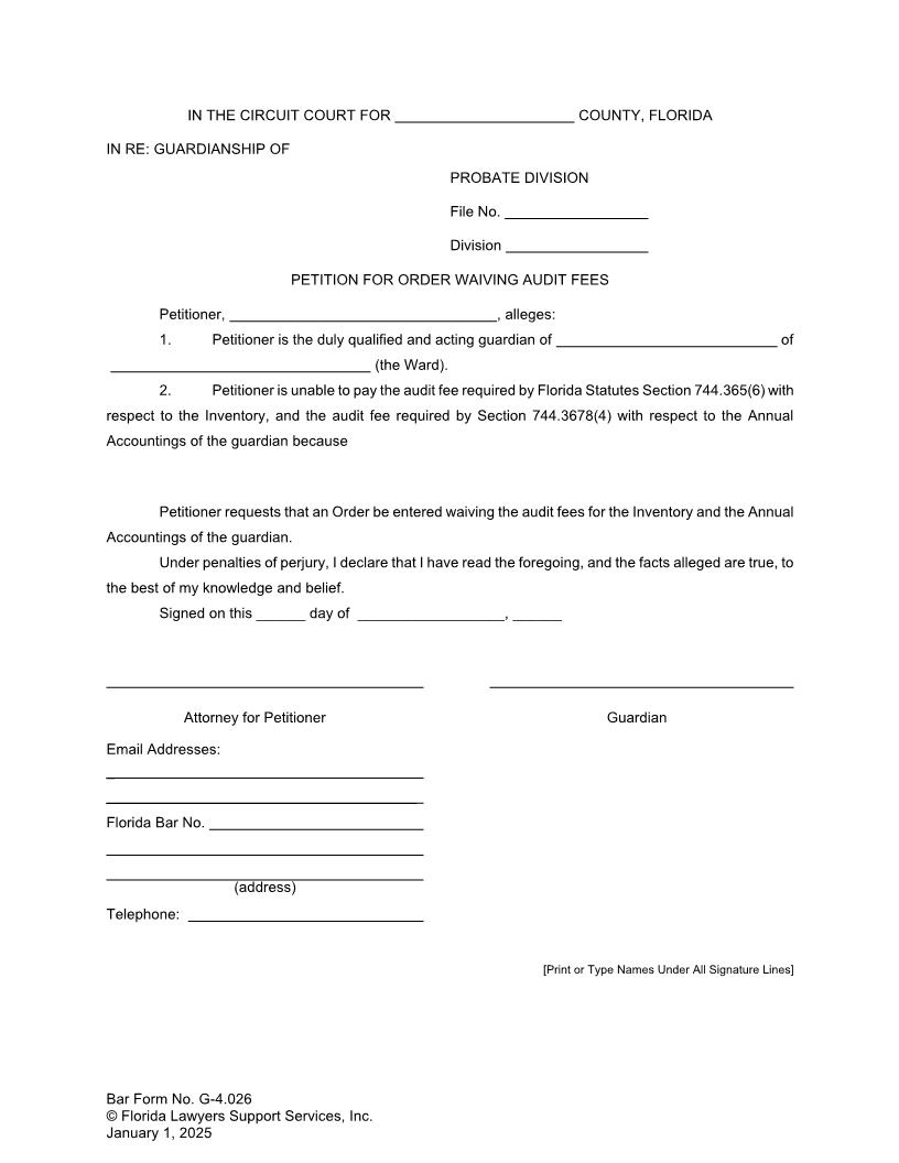 Petition For Order Waiving Audit Fees {G-4.026} | Pdf Fpdf Doc Docx | FLSSI Guardianship