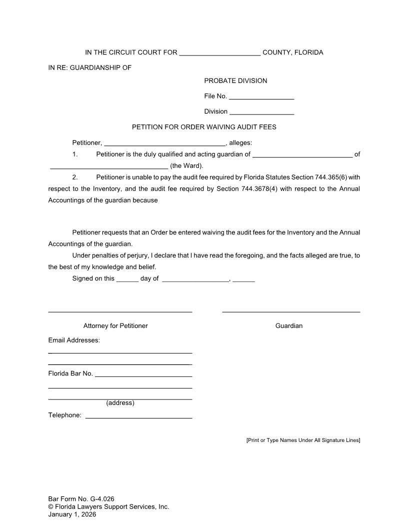 Petition For Order Waiving Audit Fees {G-4.026} | Pdf Fpdf Doc Docx | FLSSI Guardianship