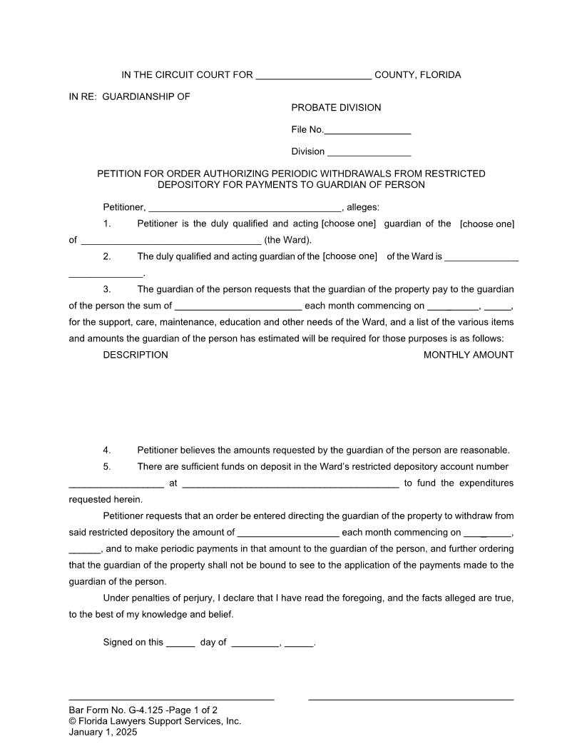 Petition For Periodic Withdrawals From Restricted Depository Payments To Guardian Of Person {G-4.125} | Pdf Fpdf Doc Docx | FLSSI Guardianship