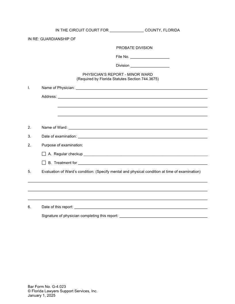 Physicians Report (Minor Ward) {G-4.023} | Pdf Fpdf Doc Docx | FLSSI Guardianship