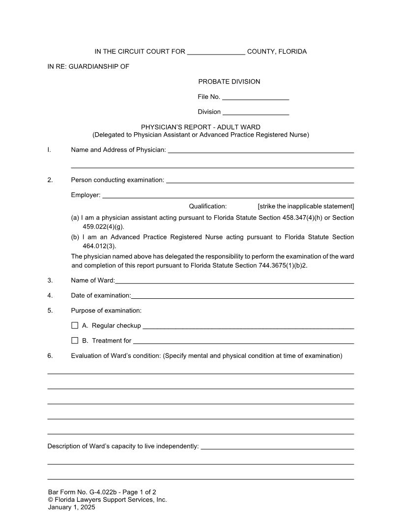 Physicians Report - Adult Ward (Delegated To Physician Assistant Registered Nurse) {G-4.022b} | Pdf Fpdf Docx | FLSSI Guardianship