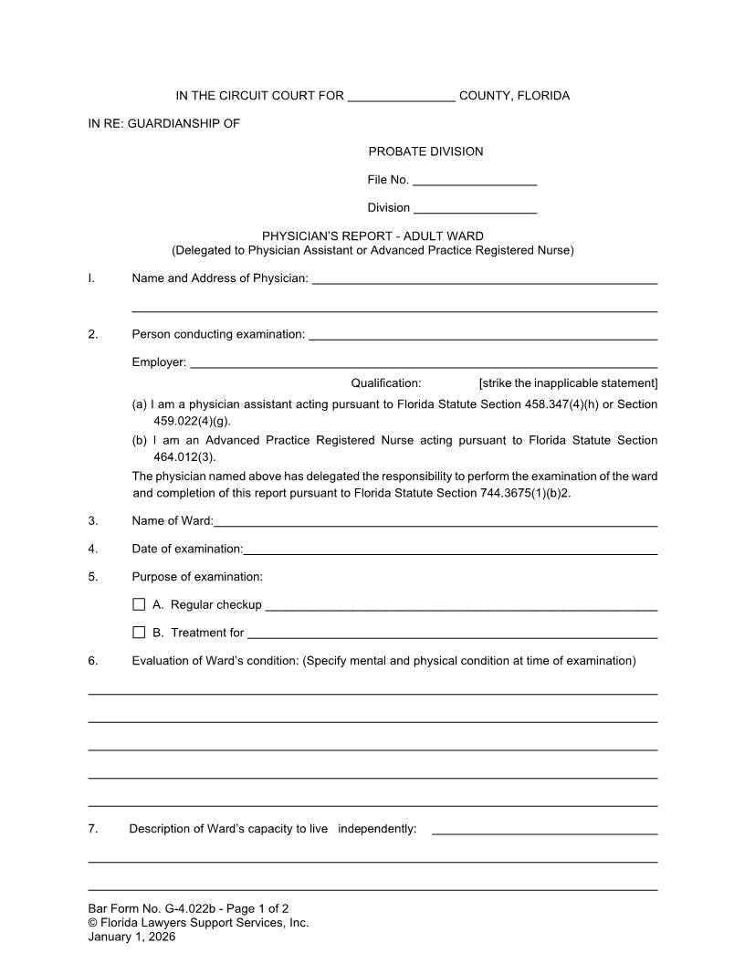 Physicians Report - Adult Ward (Delegated To Physician Assistant Registered Nurse) {G-4.022b} | Pdf Fpdf Docx | FLSSI Guardianship