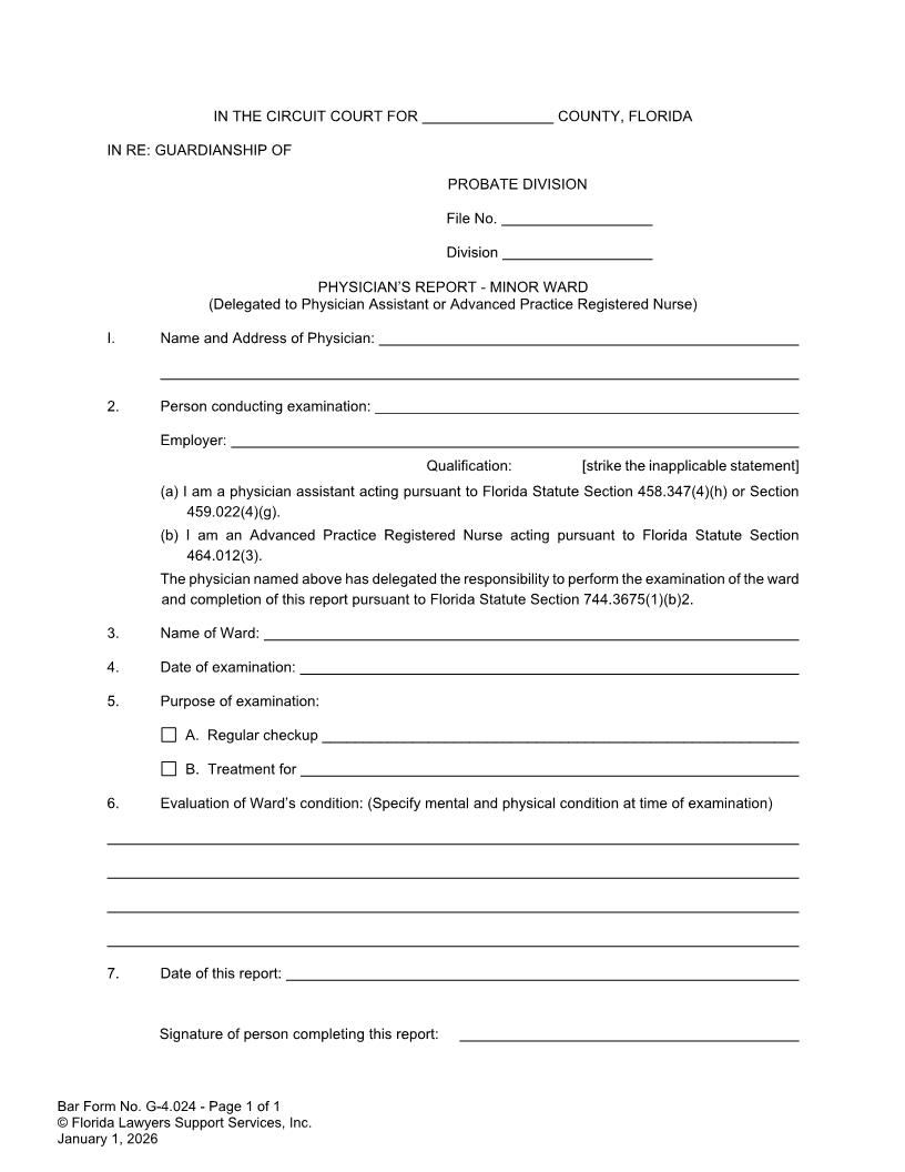 Physicians Report - Minor Ward (Delegated To Physician Assistant Registered Nurse) {G-4.024} | Pdf Fpdf Docx | FLSSI Guardianship