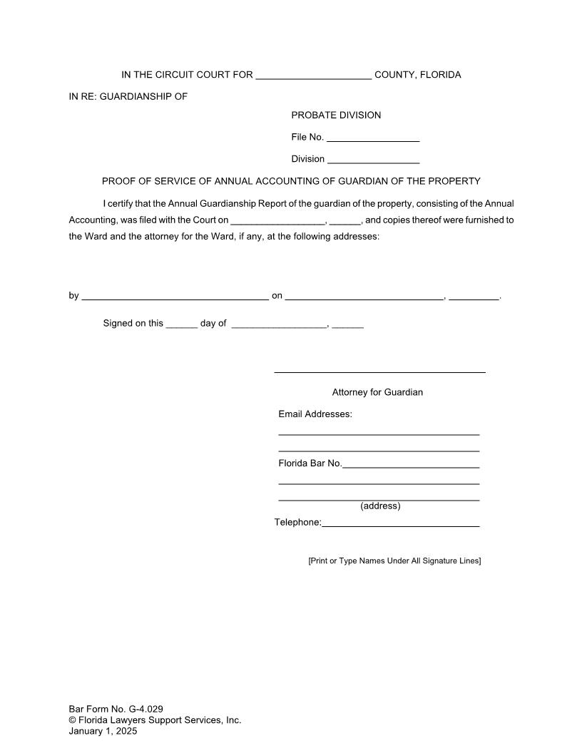 Proof Of Service Of Annual Guardianship Accounting Of Guardian Of Property {G-4.029} | Pdf Fpdf Doc Docx | FLSSI Guardianship