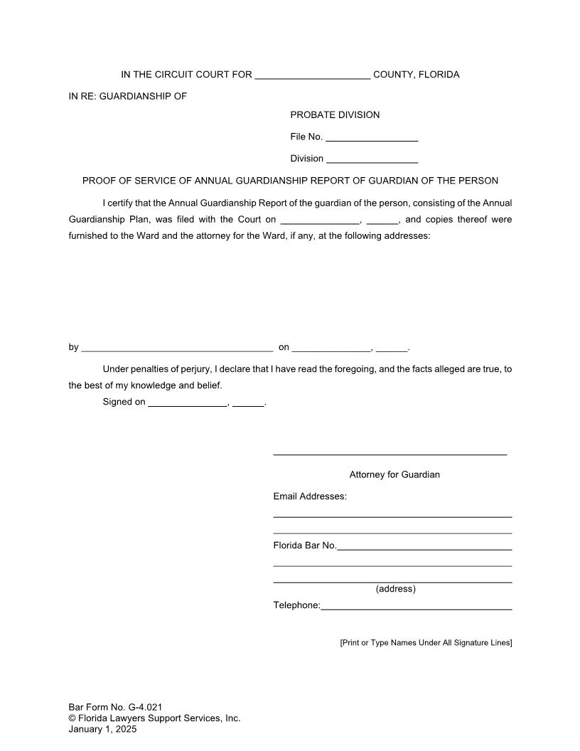 Proof Of Service Of Annual Guardianship Report Of Guardian Of Person {G-4.021} | Pdf Fpdf Doc Docx | FLSSI Guardianship