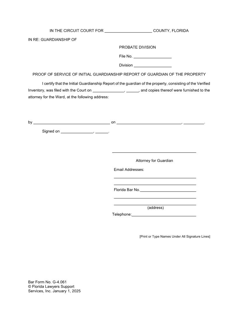 Proof Of Service Of Initial Guardianship Report Of Guardian Of Property {G-4.061} | Pdf Fpdf Doc Docx | FLSSI Guardianship