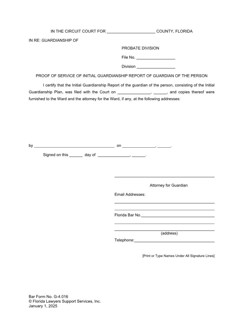 Proof Of Service Of Initial Guardianship Report Of Guardian Of The Person {G-4.016} | Pdf Fpdf Doc Docx | FLSSI Guardianship