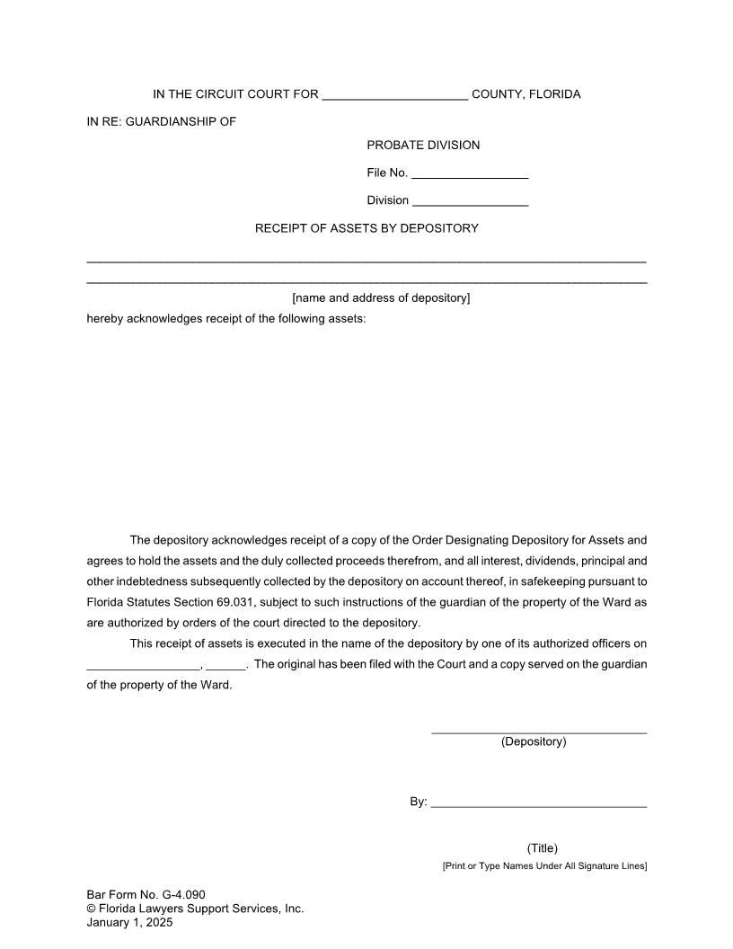 Receipt Of Assets By Depository {G-4.090} | Pdf Fpdf Doc Docx | FLSSI Guardianship