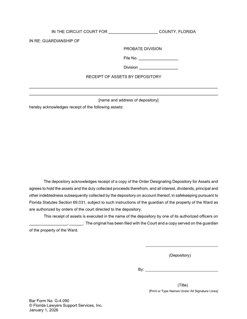 Receipt Of Assets By Depository {G-4.090} | Pdf Fpdf Doc Docx | FLSSI Guardianship