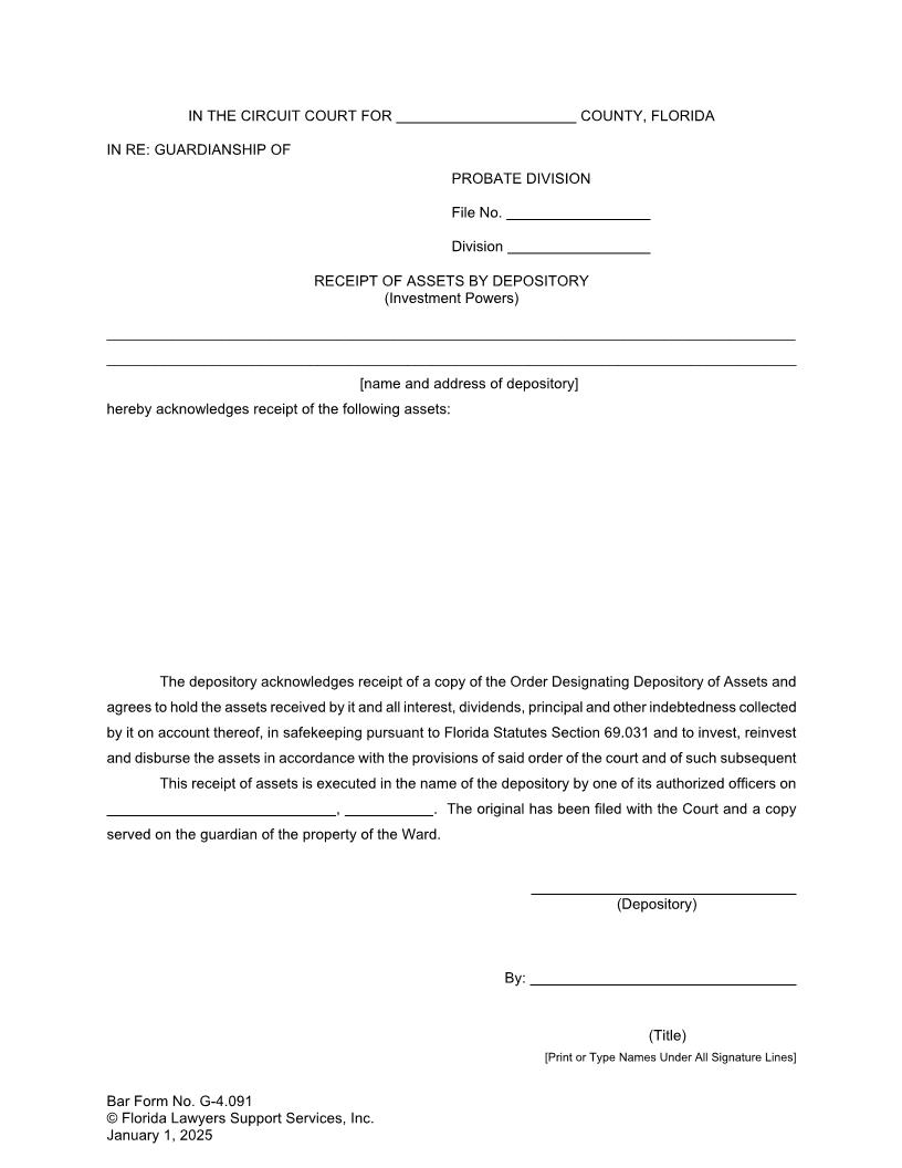 Receipt Of Assets By Depository (Investment Powers) {G-4.091} | Pdf Fpdf Doc Docx | FLSSI Guardianship