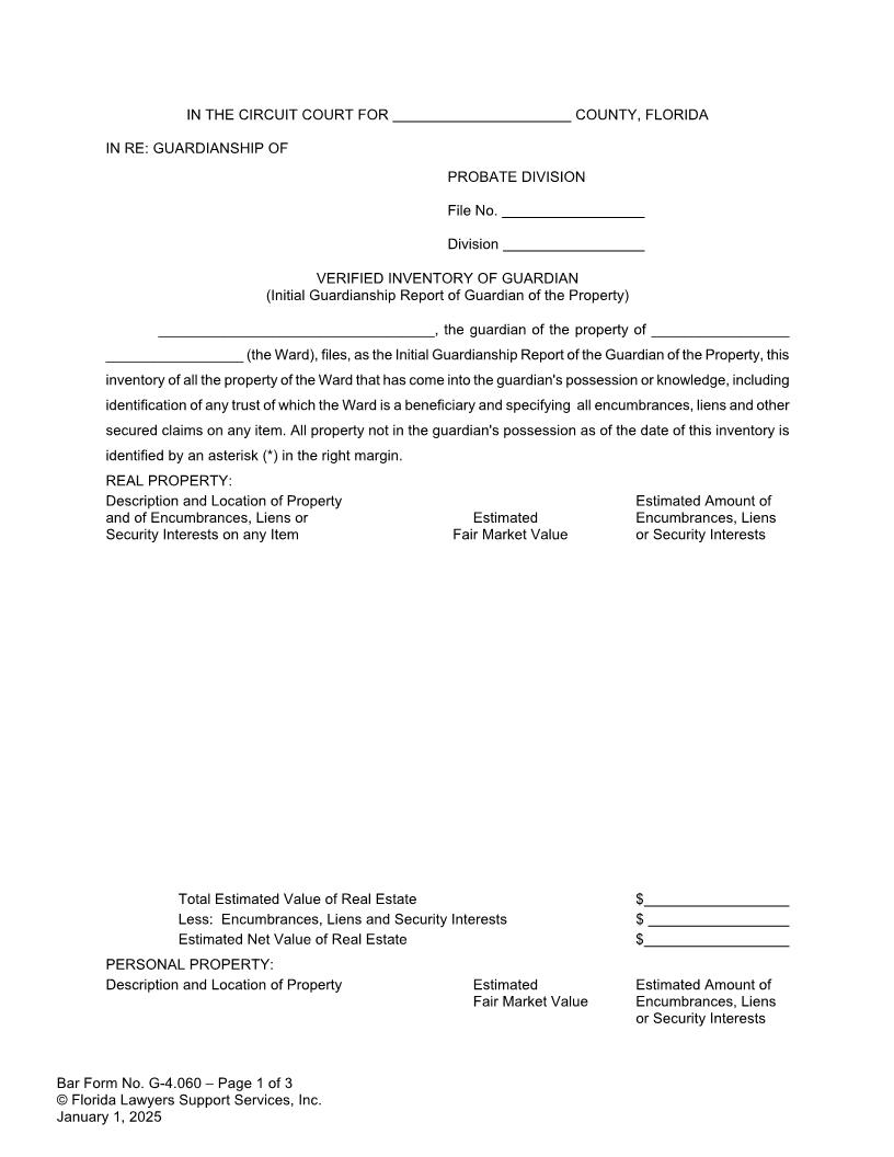 Verified Inventory Of Guardian Initial Report Of Guardian Of Property {G-4.060} | Pdf Fpdf Doc Docx | FLSSI Guardianship