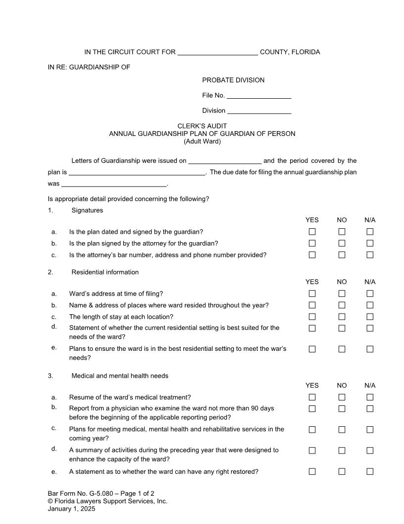 Clerks Audit Annual Guardianship Plan Of Guardian Of Person {G-5.080} | Pdf Fpdf Docx | FLSSI Guardianship