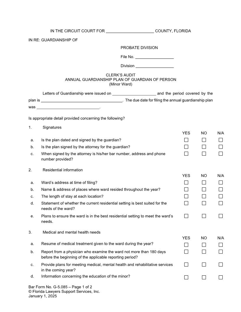 Clerks Audit Annual Plan Of Guardian Of Person (Minor Ward) {G-5.085} | Pdf Fpdf Docx | FLSSI Guardianship