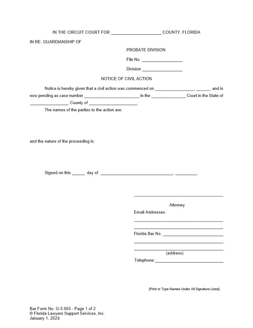 Notice Of Civil Action {G-5.065} | Pdf Fpdf Doc Docx | FLSSI Guardianship